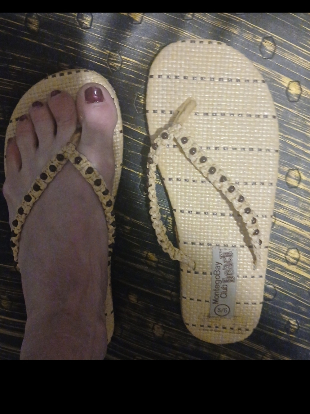 Montego Bay Club Beige Braided Flip Flop Sandals with Bead Accents